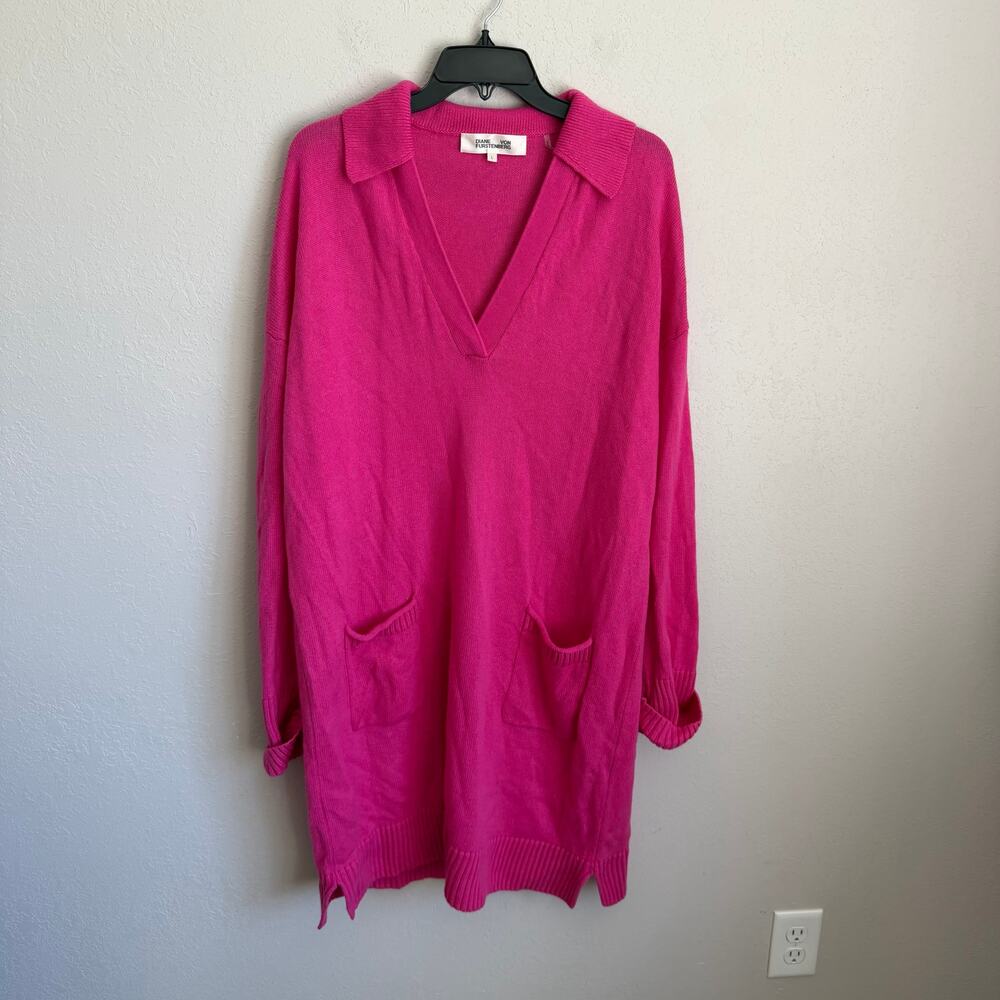 Diane Von Furstenburg Malone Knit Sweater Dress Fuchsia Wool Cashmere Womens L